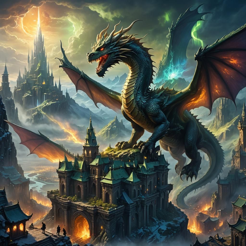 Dragon Soaring Over Ruined City, Digital Art