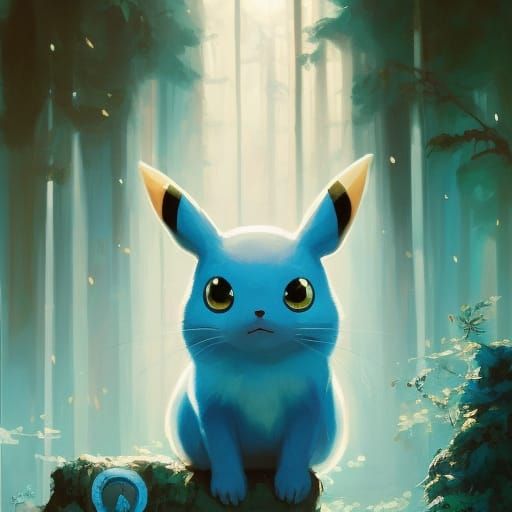 Blue Pikachu with Electricity in Studio Ghibli Style
