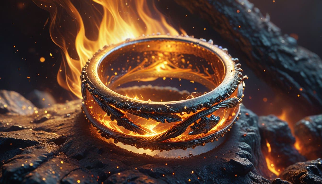 Gold Ring Emerges from Fire in Fantasy Oil Painting