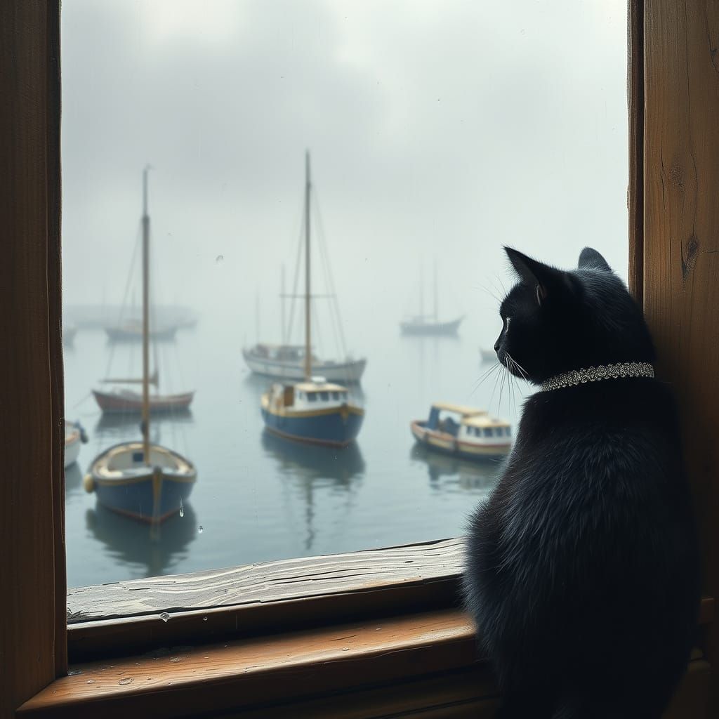 Whimsical Feline Seeks Refuge from Rainy Harbour