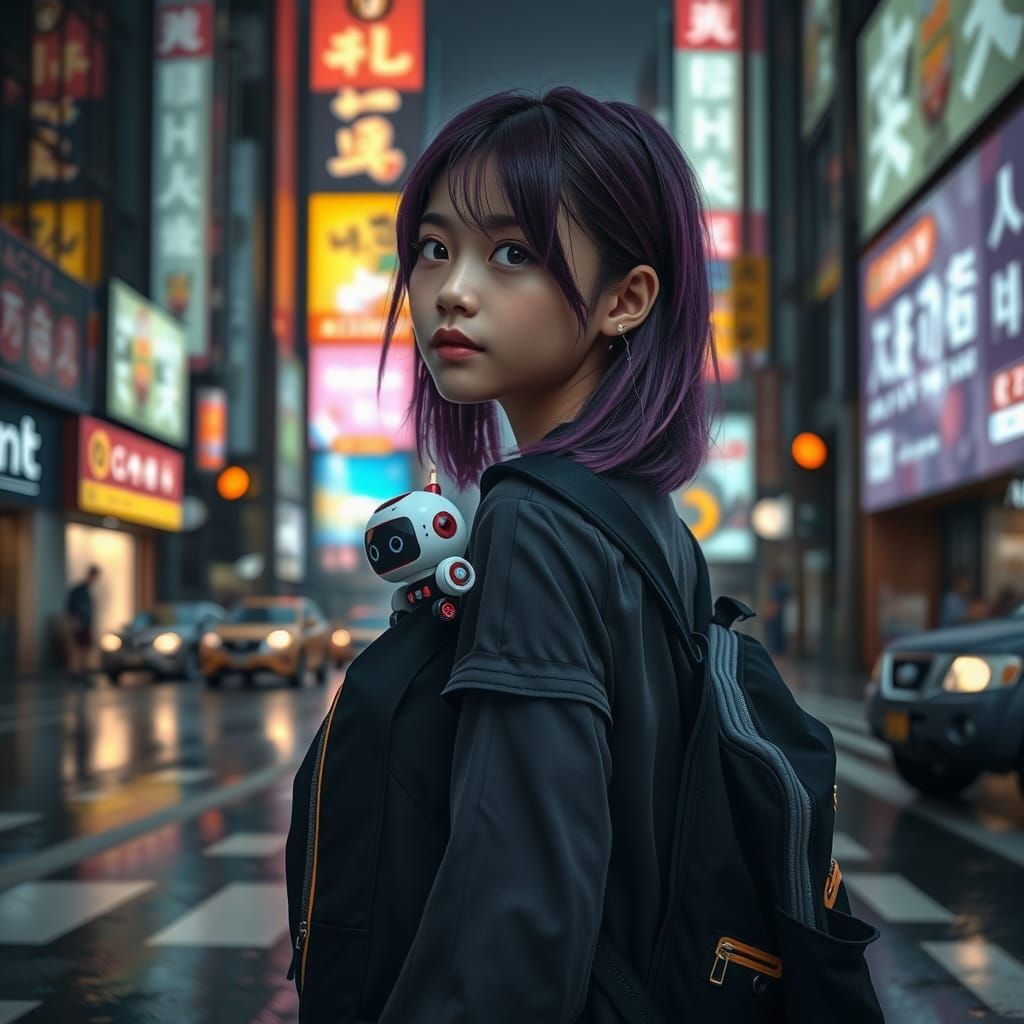 Cyberpunk Schoolgirl with Robot Companion in Cityscape