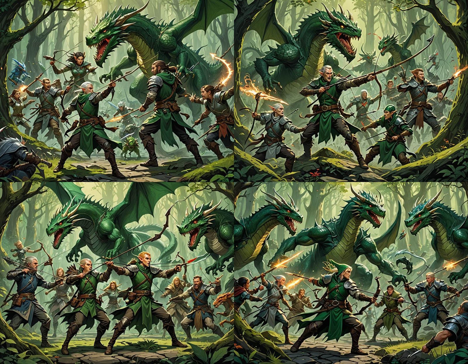 Epic Forest Battle: Elves, Dragon, and Magic