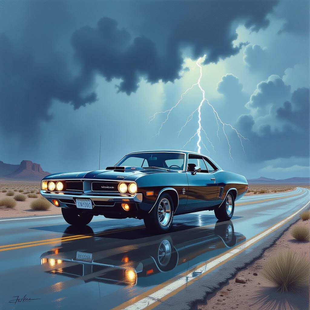 Mopar Muscle Car on Desert Highway Under Stormy Sky