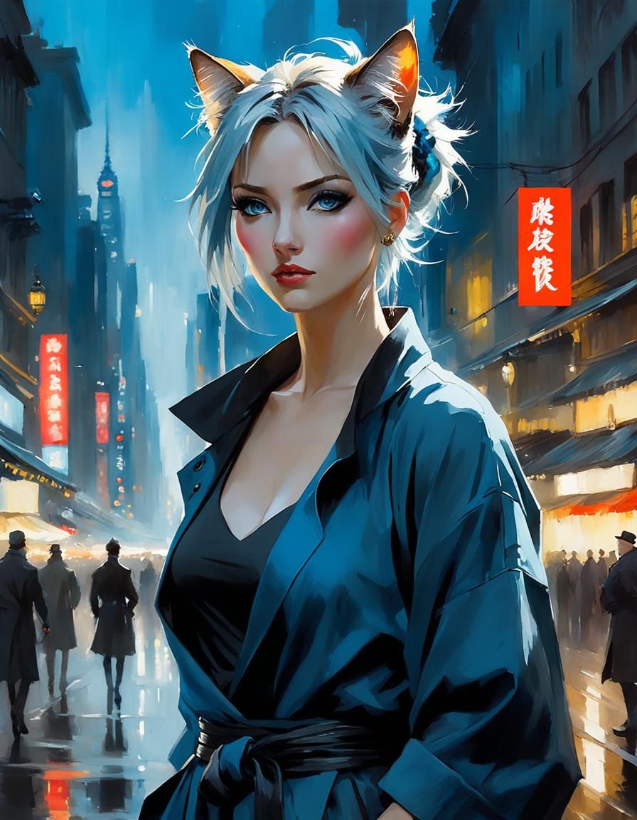 Watercolor Cat Woman with Bokeh Background