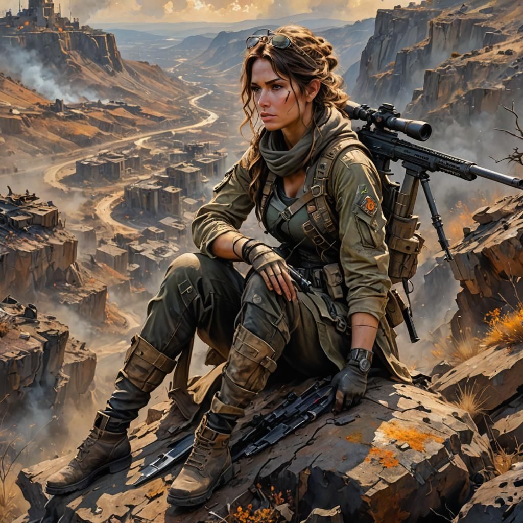 Post-Apocalyptic Female Sniper Acrylic Painting