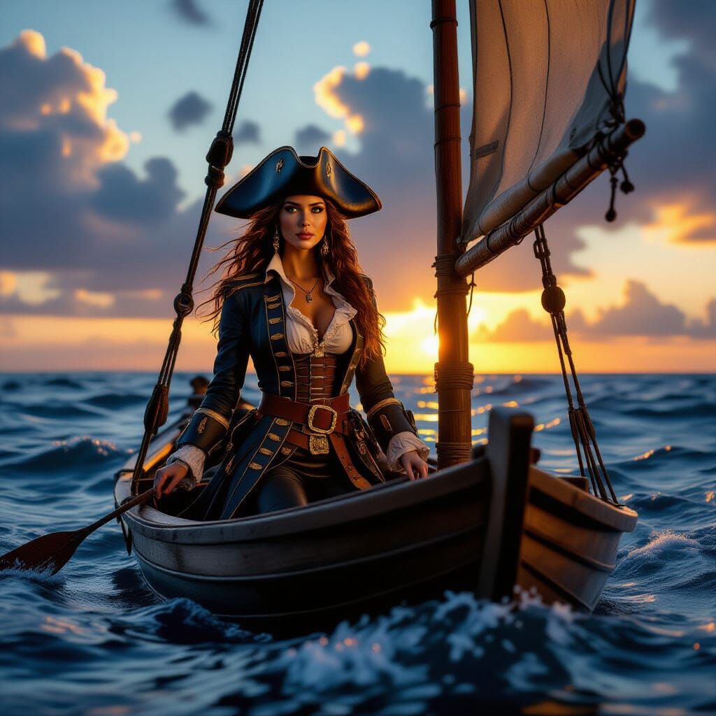 Pirate Woman in Sailing Boat at Dusk
