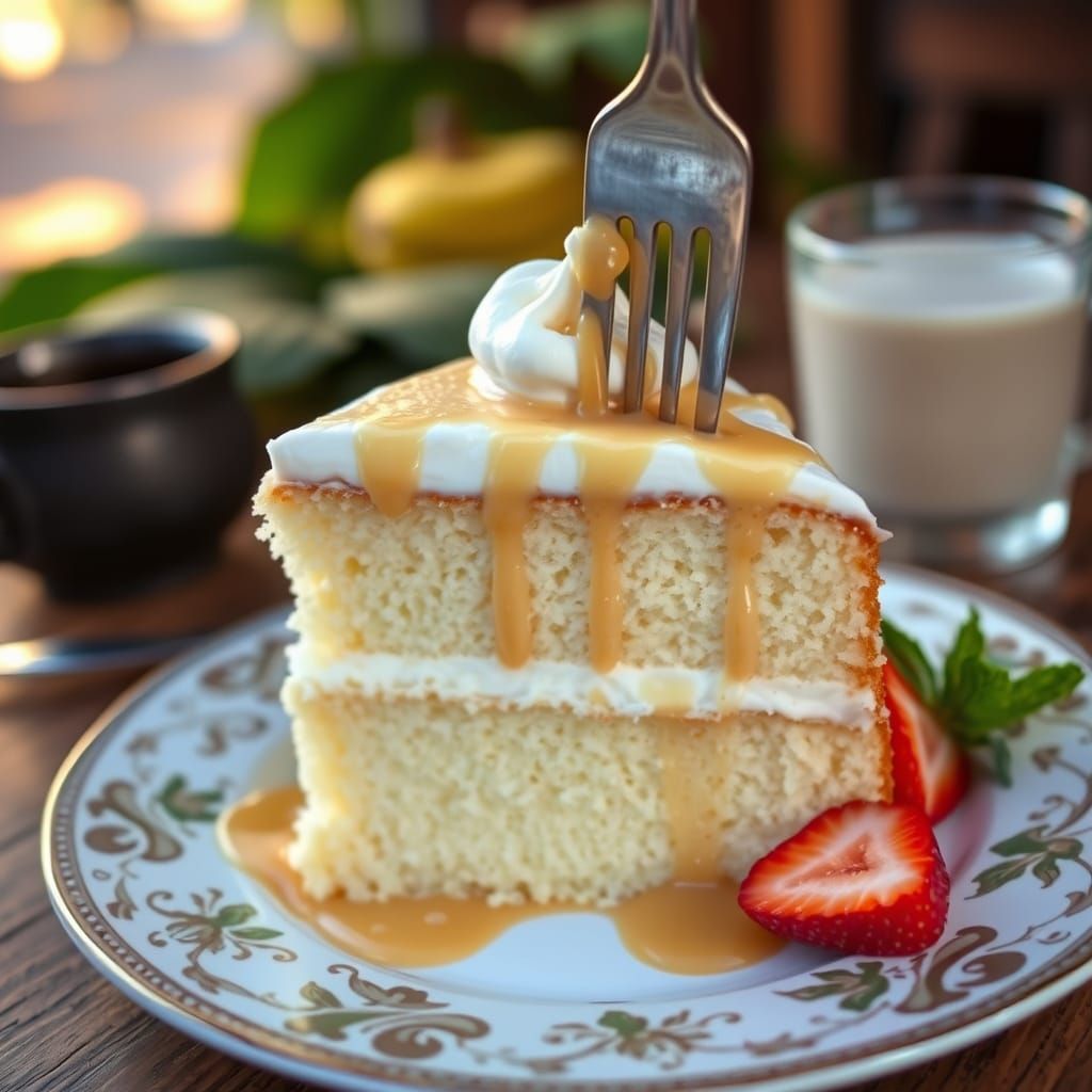 Tres Leches Cake in Warm, Golden-Hour Lighting