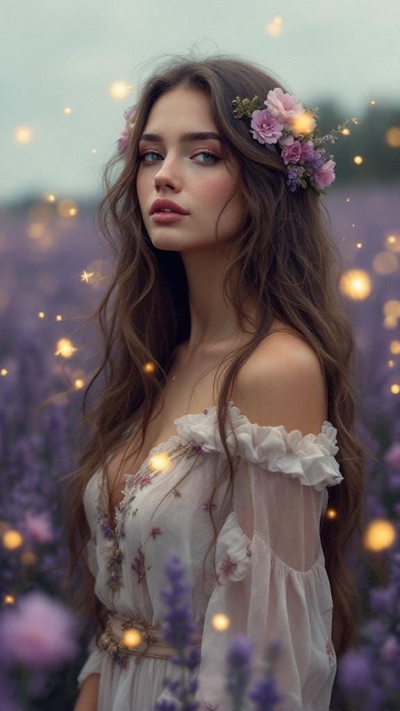 Serene Woman in Lavender Field, Art Nouveau Style