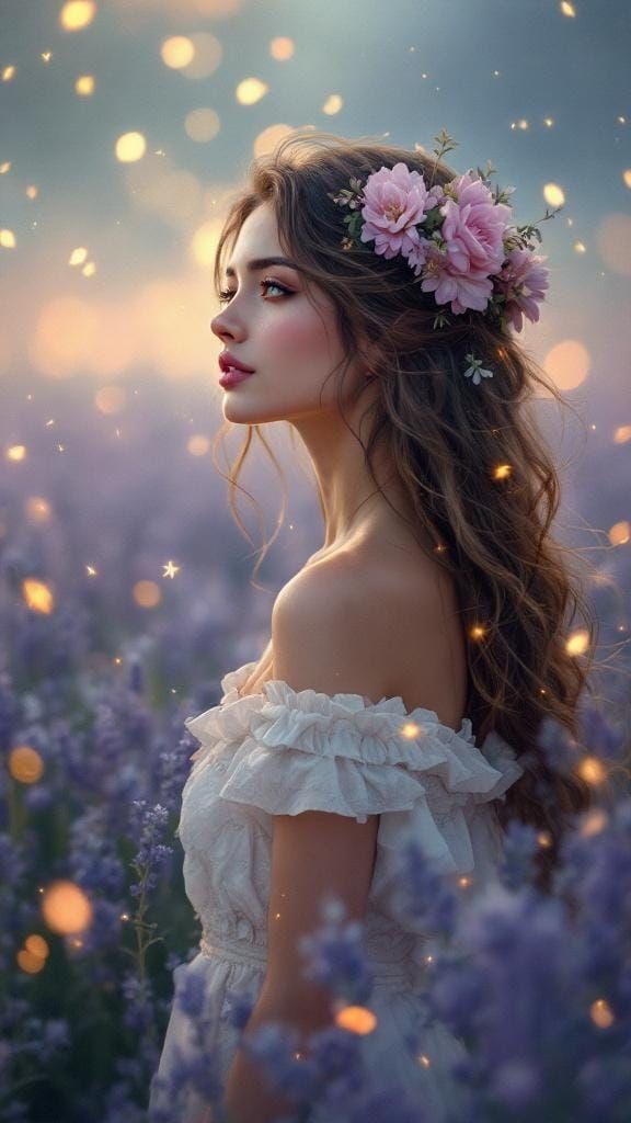 Serene Woman in Lavender Field, Art Nouveau Style