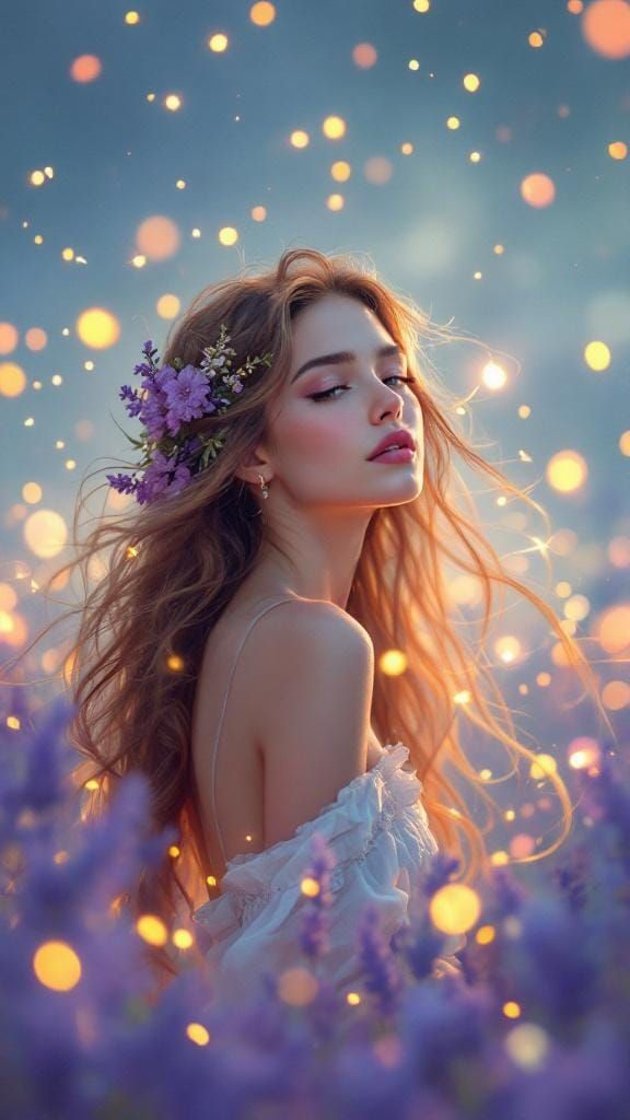 Serene Woman in Lavender Field, Art Nouveau Style