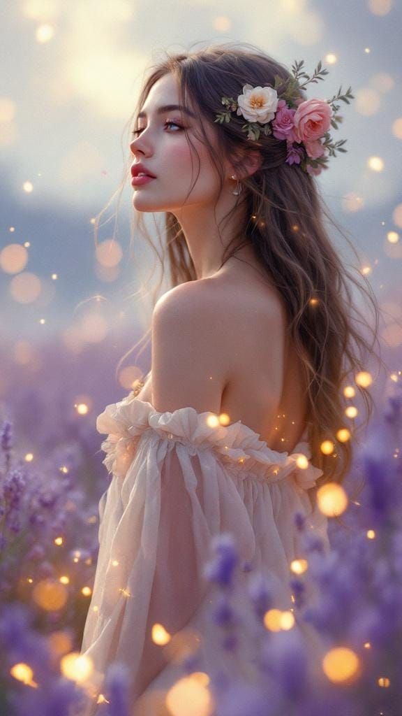 Serene Woman in Lavender Field, Art Nouveau Style