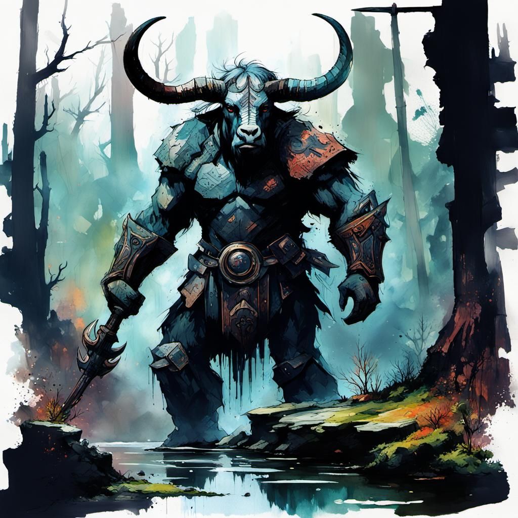 Majestic Minotaur in Dark Forest: Gouache Watercolor
