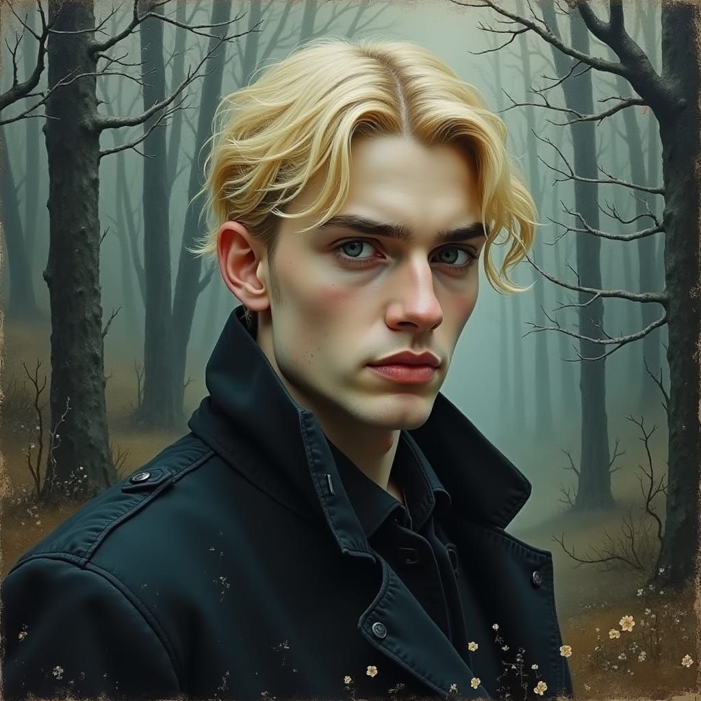 Blonde Goth Man in Dark Forest as Oil Painting