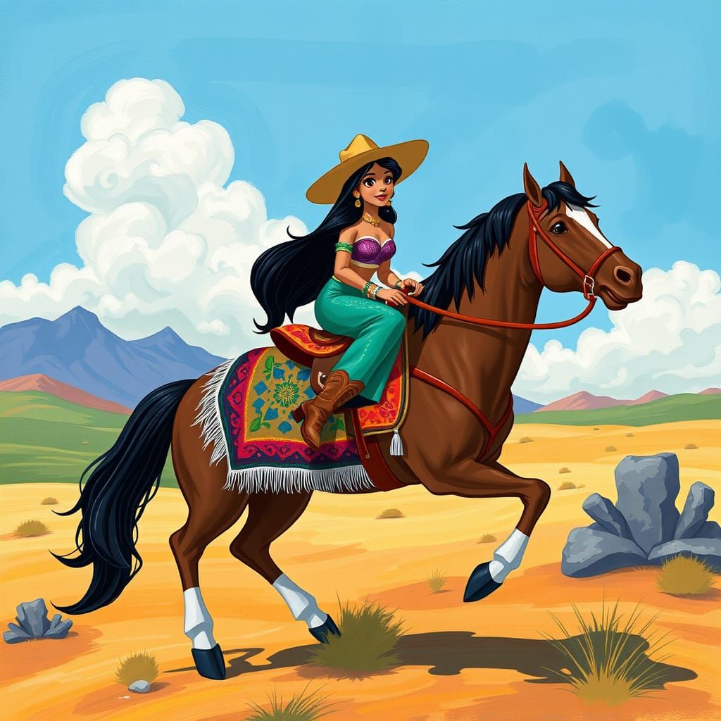 Jasmine Rides Mustang in Disney Cartoon Style
