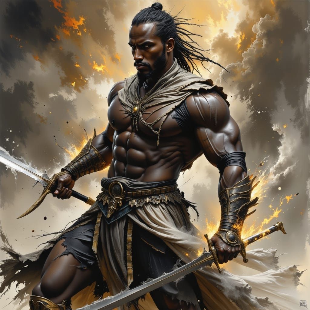 Black Warrior with Blazing Eyes, Dual Swords, Dark Oil Paint