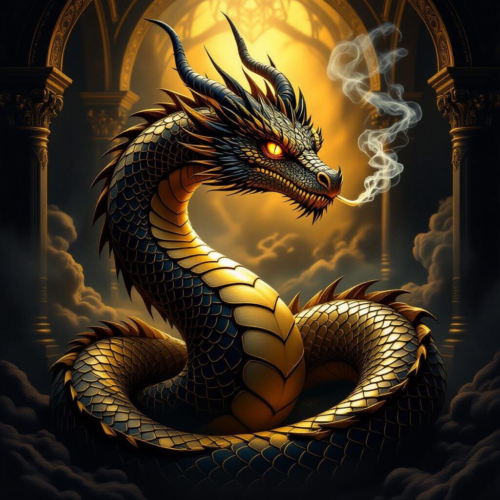 Magnificent Gold and Black Dragon in Opulent Chamber