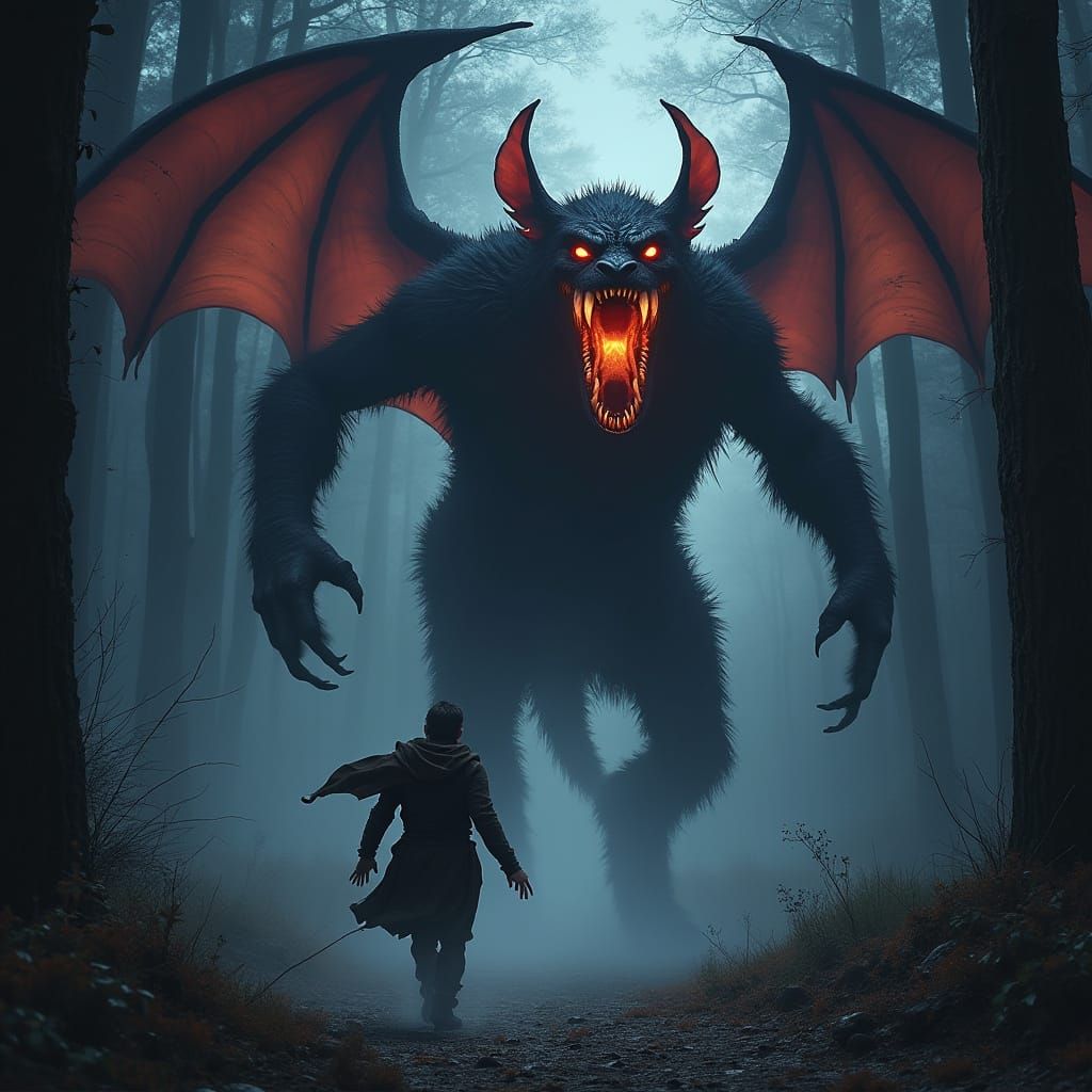 Terrifying Night Monster Stalks Man in Dark Woods