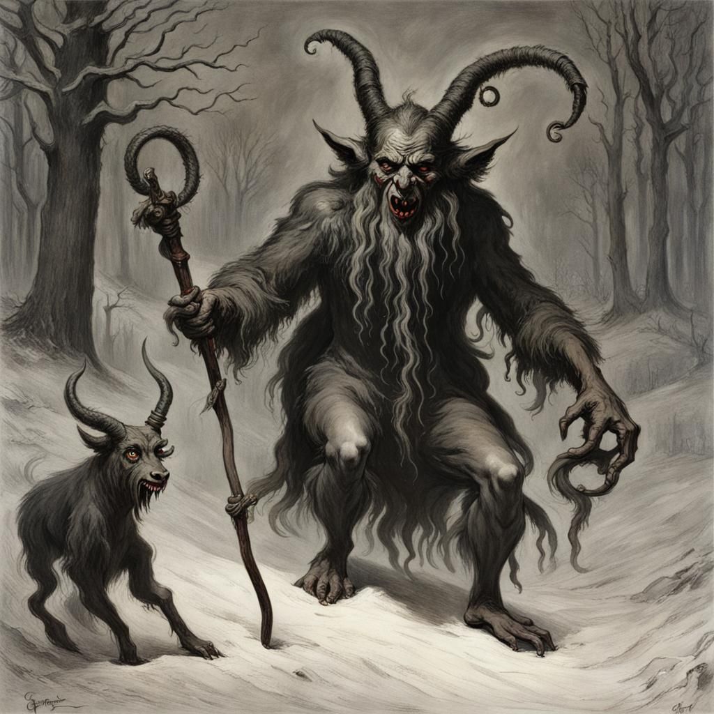 Terrifying Krampus Illustration in Engraving Style