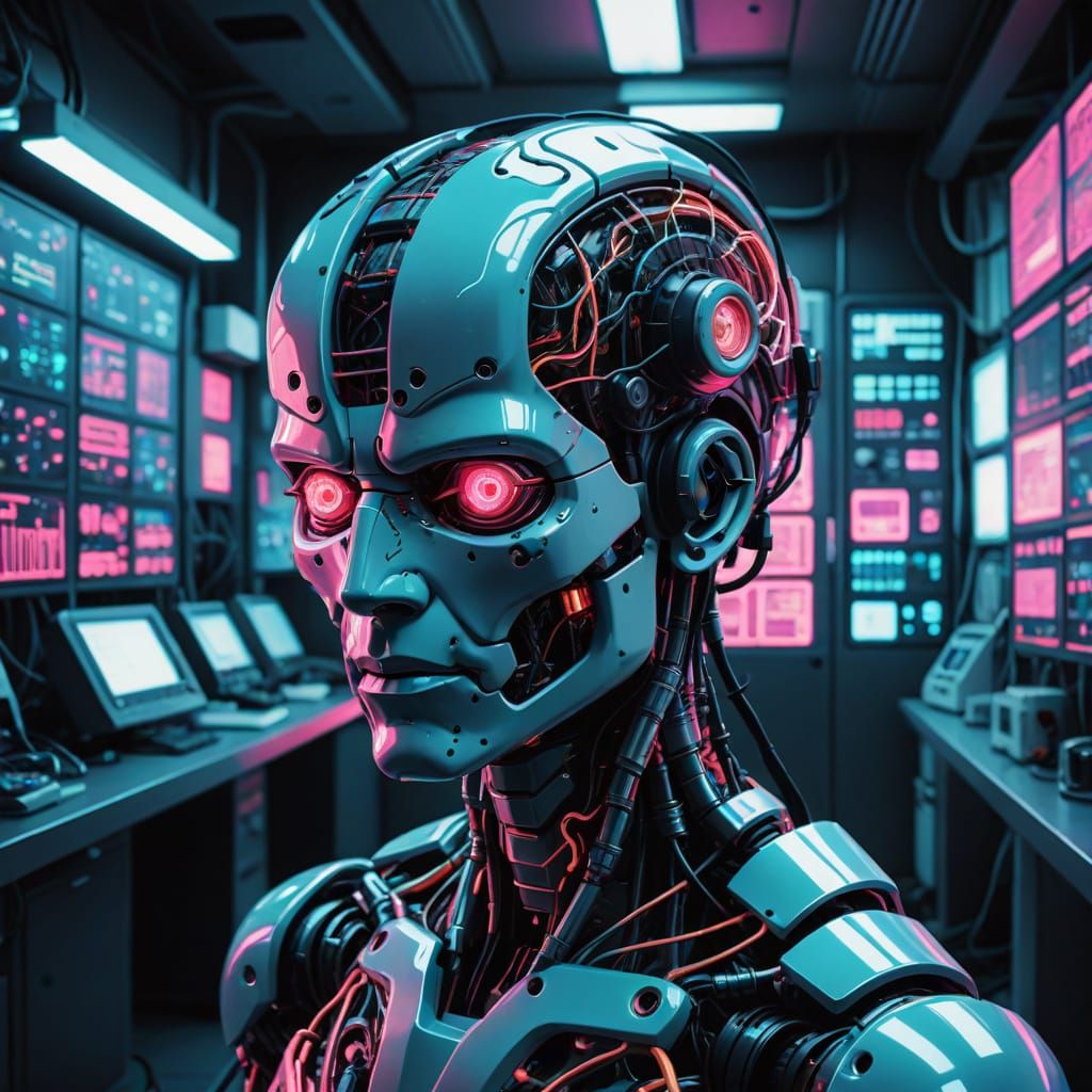 Robotic Brain in Neo Tokyo: Synthwave Neon Art