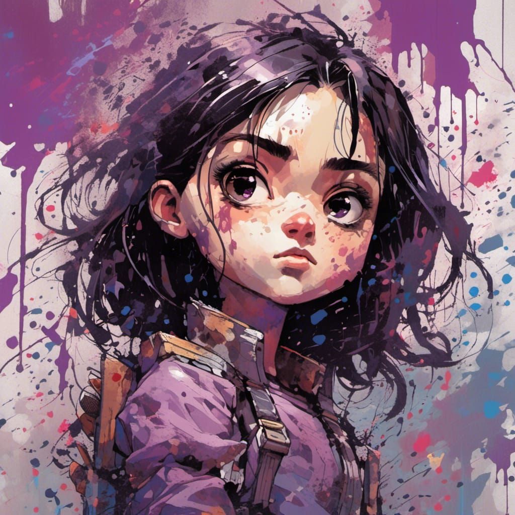 Cute Chibi Battle Angel Portrait in Splatter Graffiti Style