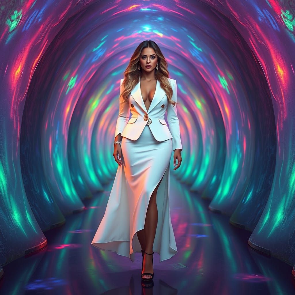 Shakira in Bioluminescent Tunnel with Golden Symbol