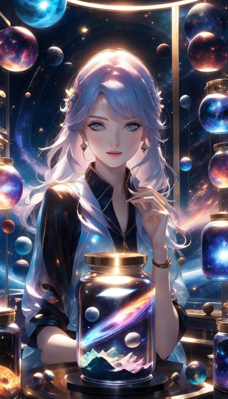 Girl Holds Universe in Jar: 3D Anime Art