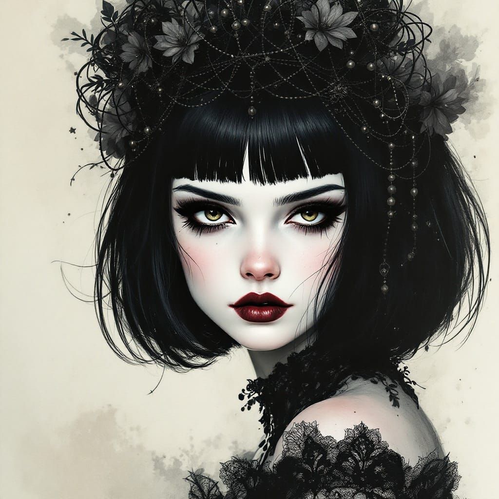 Ethereal Victorian Gothic Watercolor Portrait