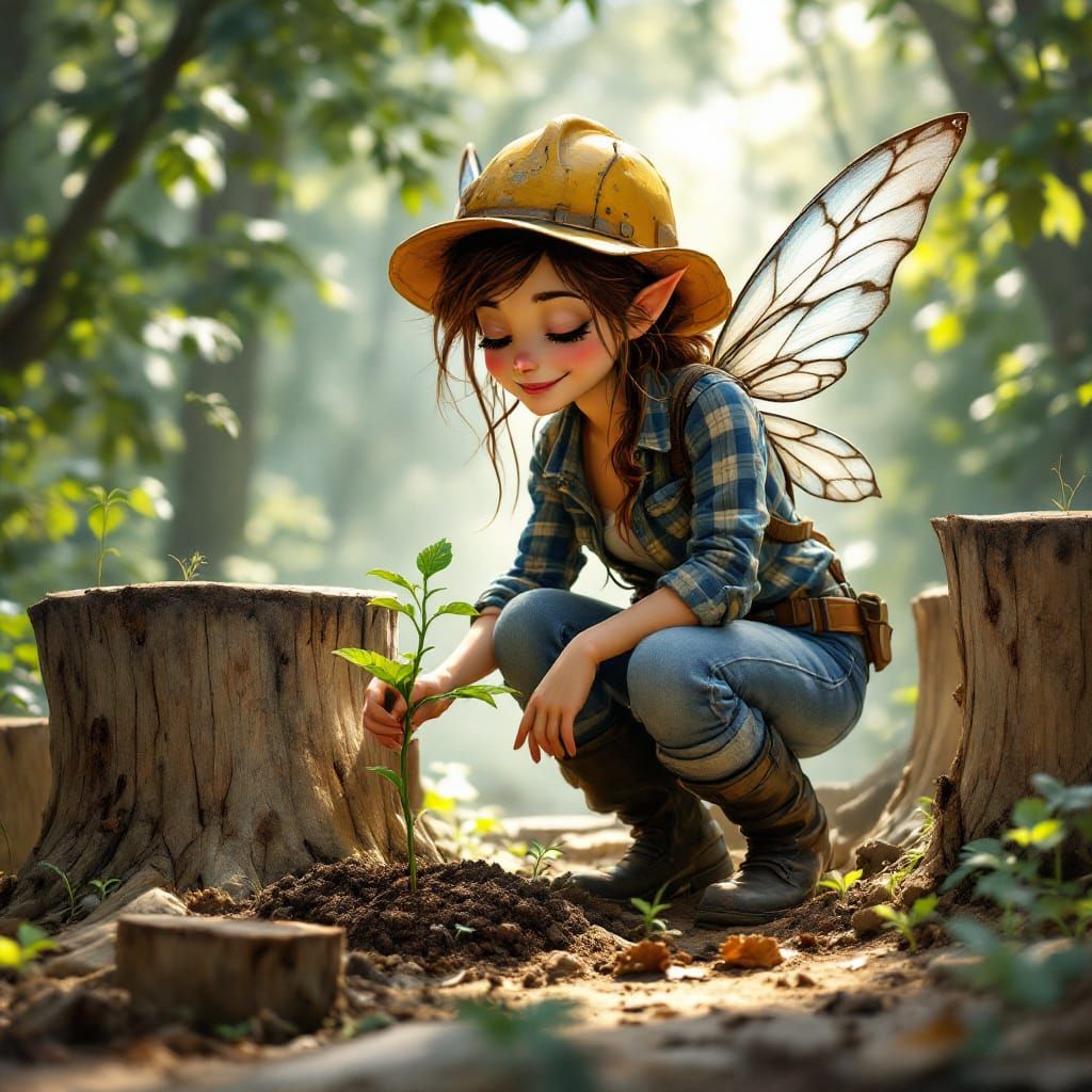Whimsical Fairy Planting Tree in Rustic Setting