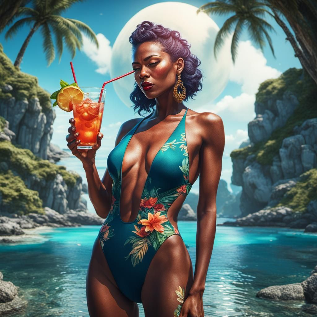 Woman in Swimsuit with Cocktail: Fantasy Concept Art