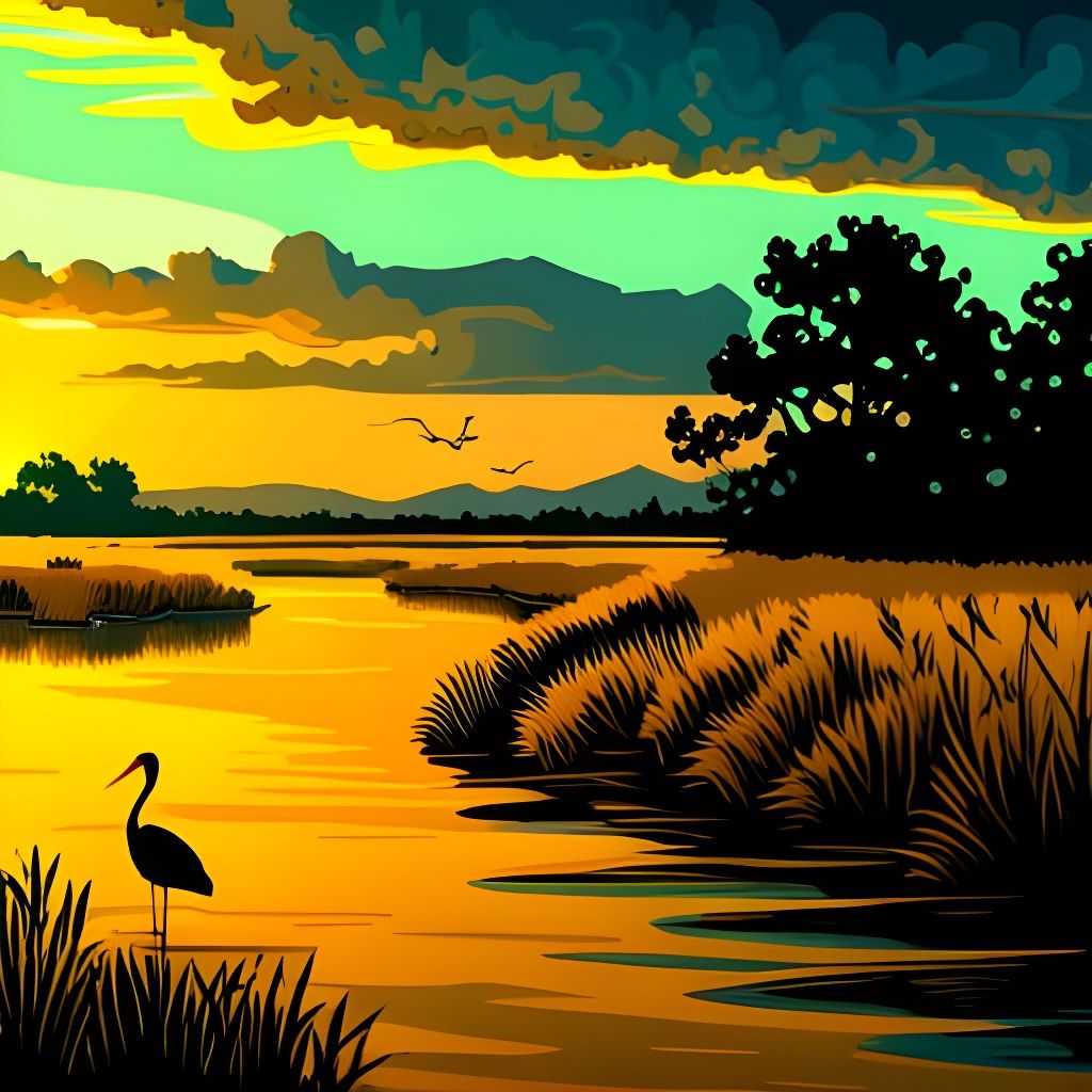 Virginia Marsh with Stork and Golden Sky