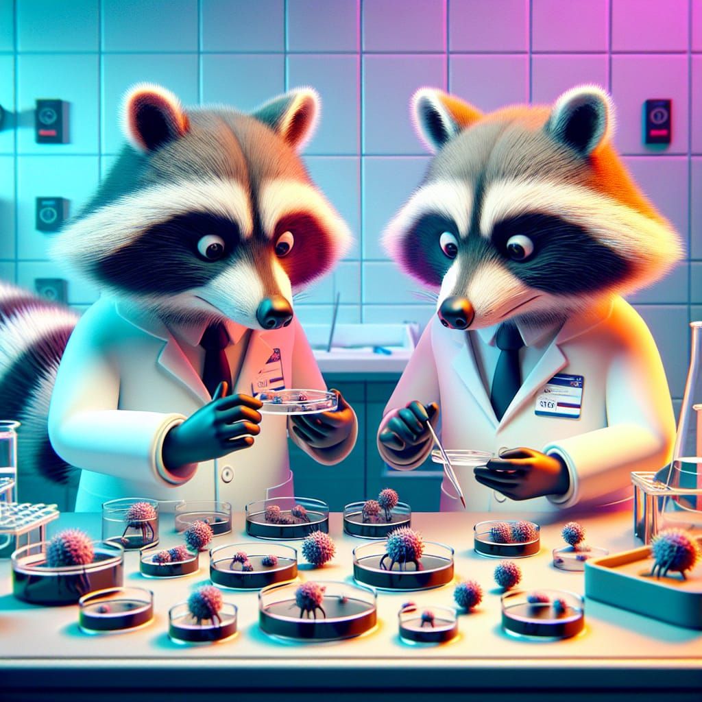 Raccoon Scientists Conduct Experiments in Lab, 3D Art