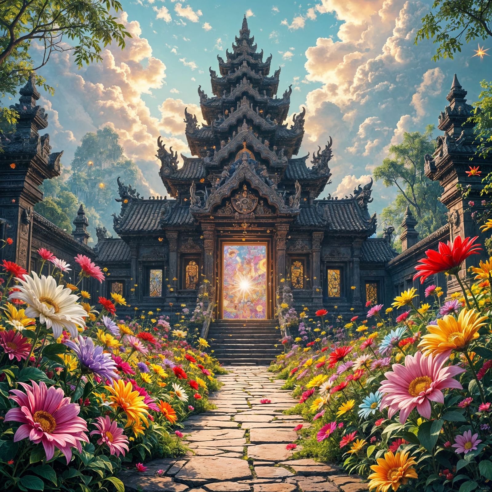 Ancient Temple Blossoms in Psychedelic Garden