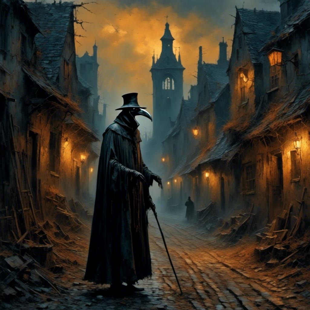 Plague Doctor Walks Medieval Town in Dark Fantasy Style