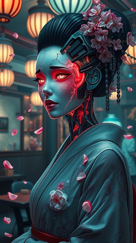 Cyborg Geisha in Neon Tea House: Cyberpunk Art Nouveau