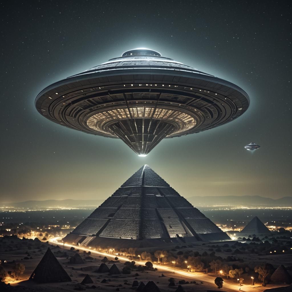 Gray Alien Spaceship Over Pyramid at Night