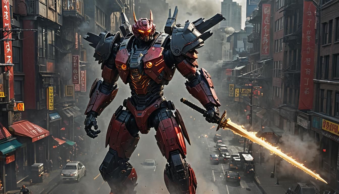 Crimson Typhoon Mech Battles Kaiju in Cyberpunk City