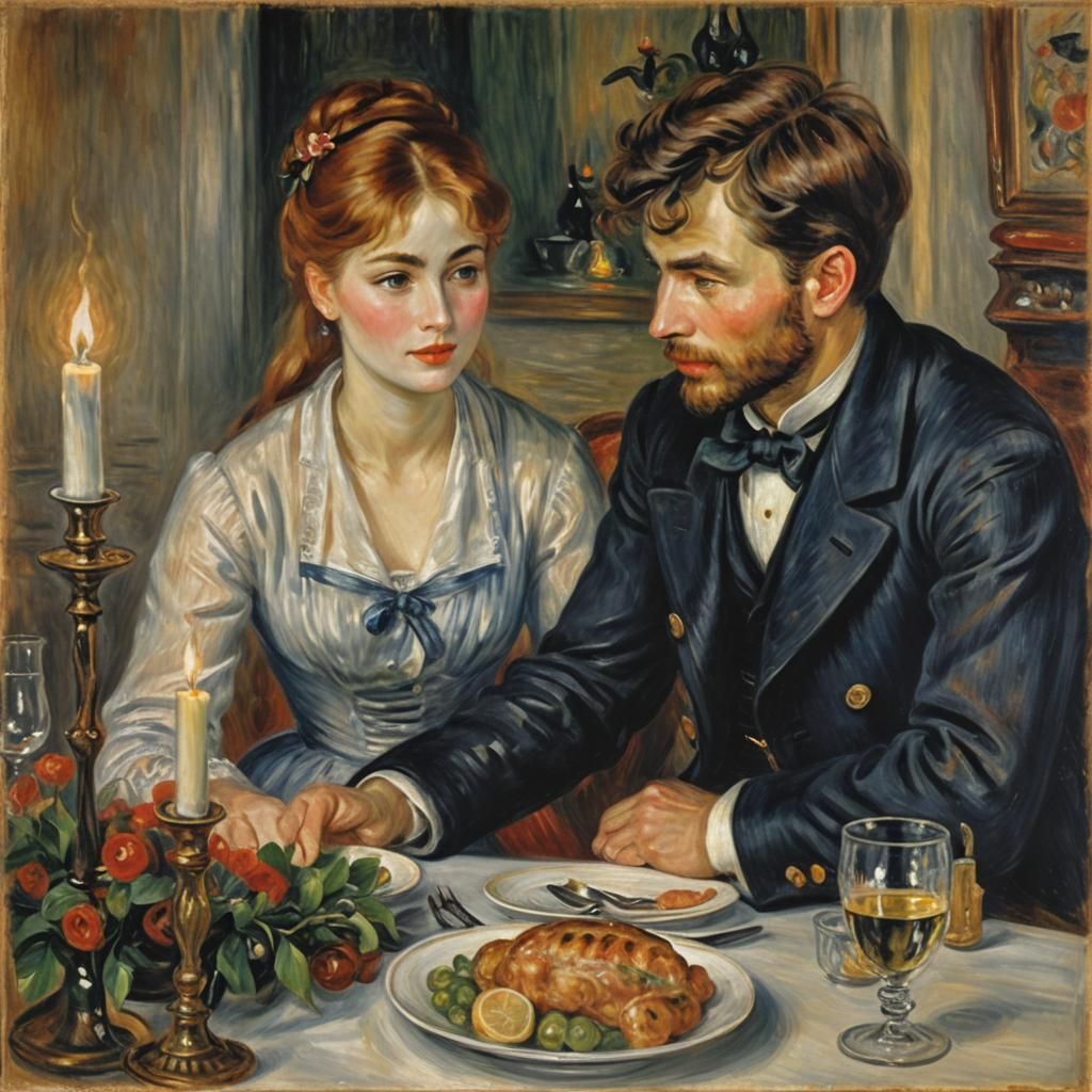 Romantic Couple at Dinner in Impressionist Style