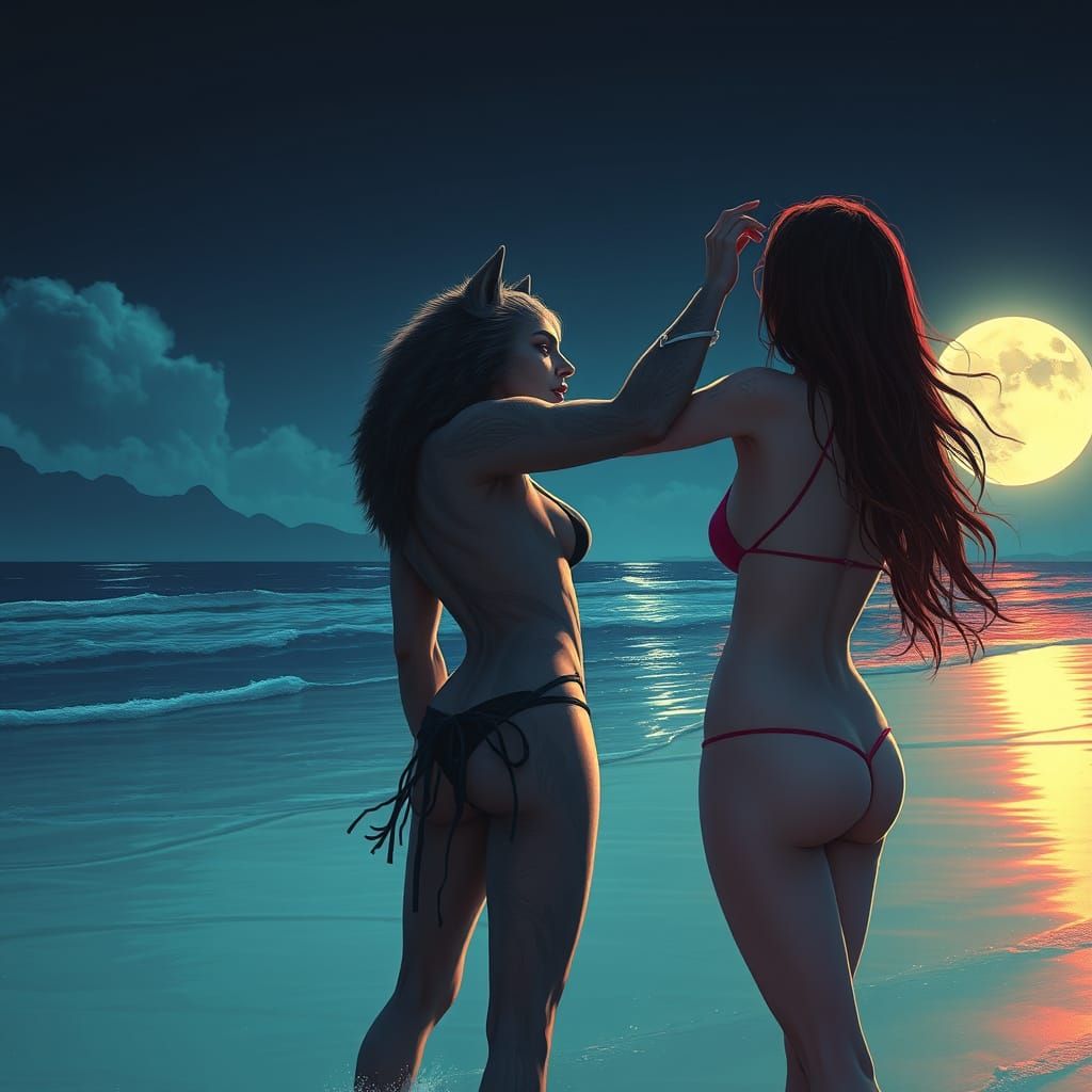 Werewolf and Vampire Beach Vacation Under Moonlight