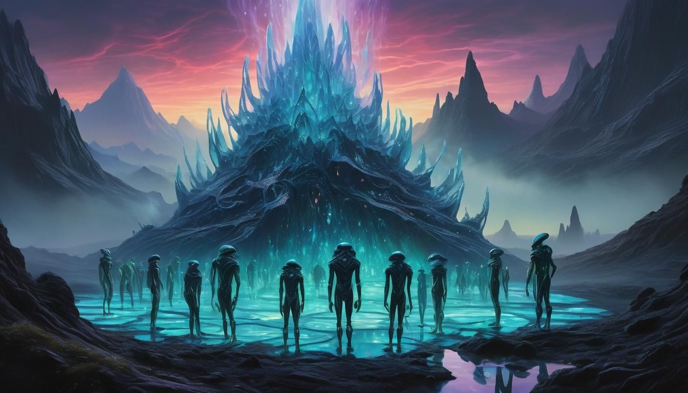 Surreal Alien Tribe Gathering in Dreamlike Landscape