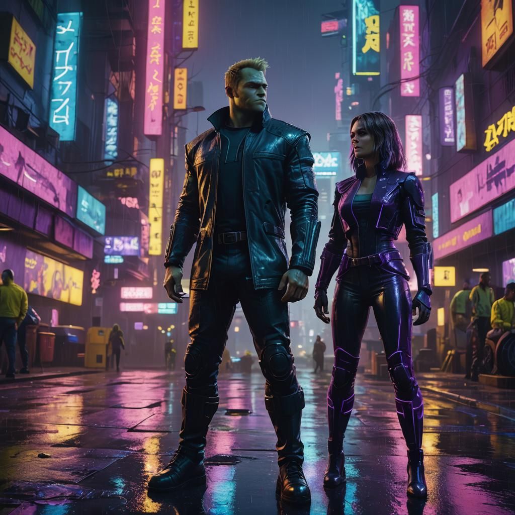 Shrek and Fiona in Cyberpunk 2099 Cityscape
