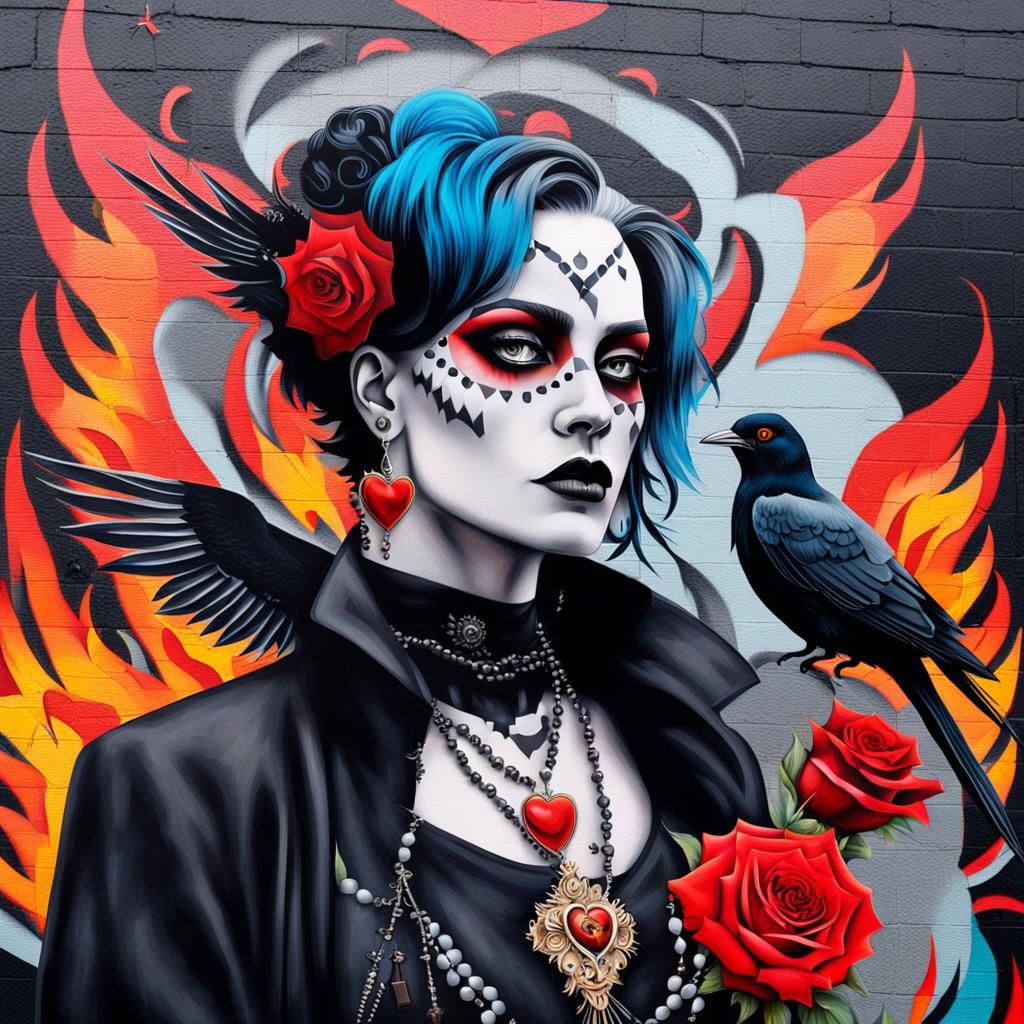 Vibrant Street Art Mural of Goth Woman with Heart