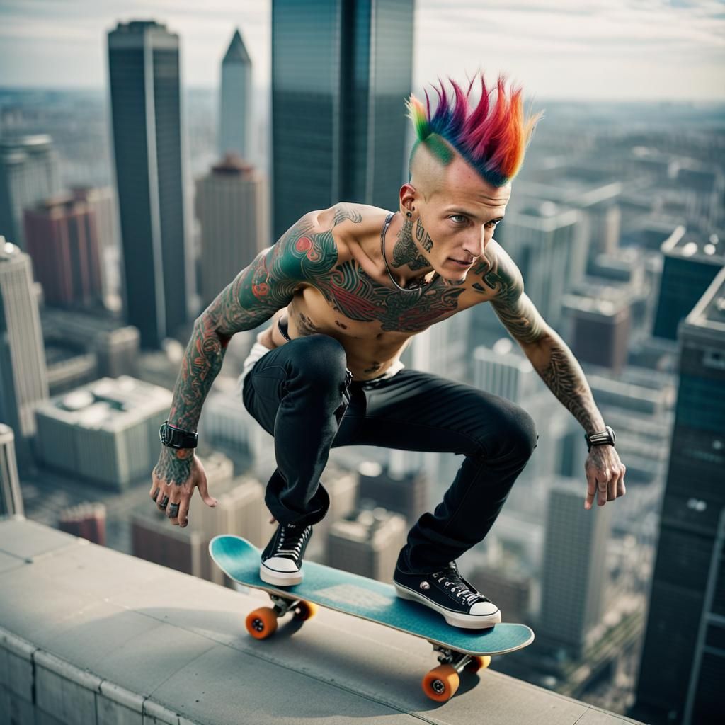 Skateboarder on Skyscraper: Cinematic Film Still