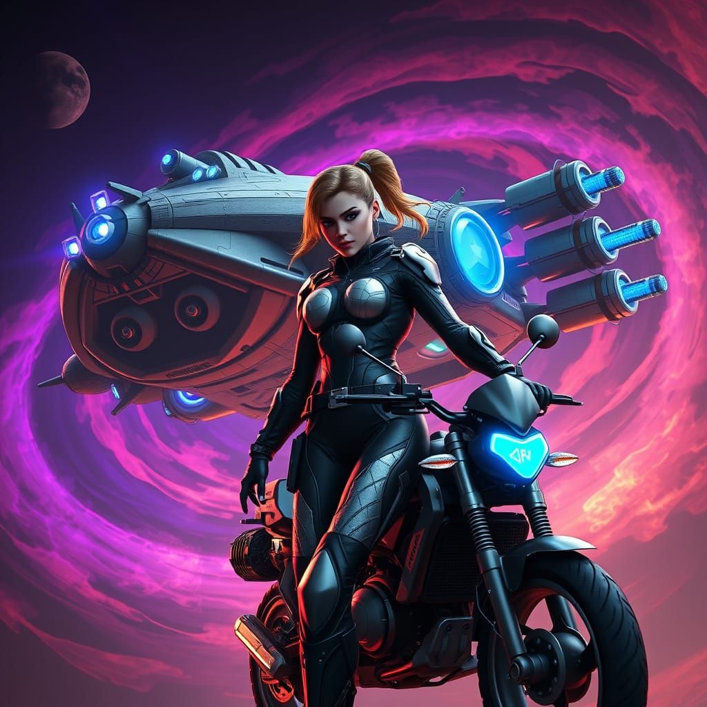 Futuristic Explorer Triumphantly Stands Beside Cyberpunk Spa...