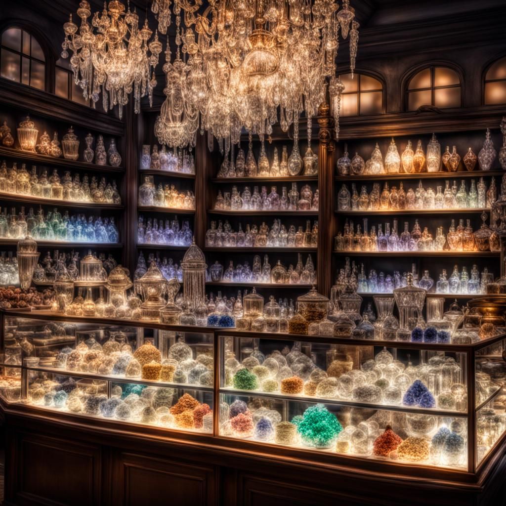 A magical crystal store with sparkles intricate details, HDR, beautifully shot, hyperrealistic, sharp focus, 64 megapixe...