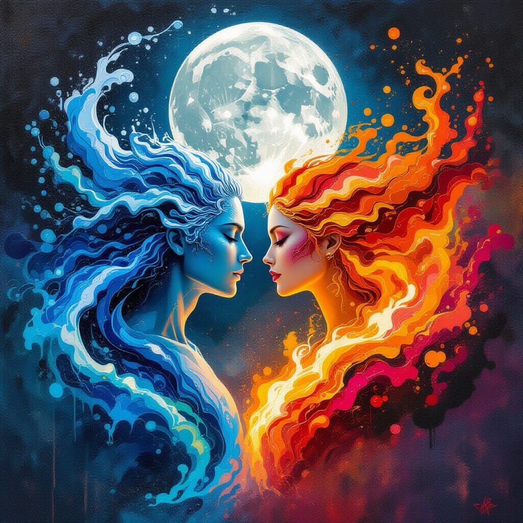 Water and Fire Elementals Embrace Under Moonlit Sky