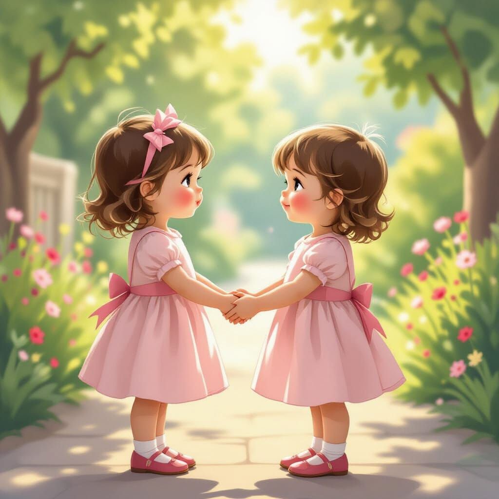 Twin Girls in Pink Dresses in Sunny Garden