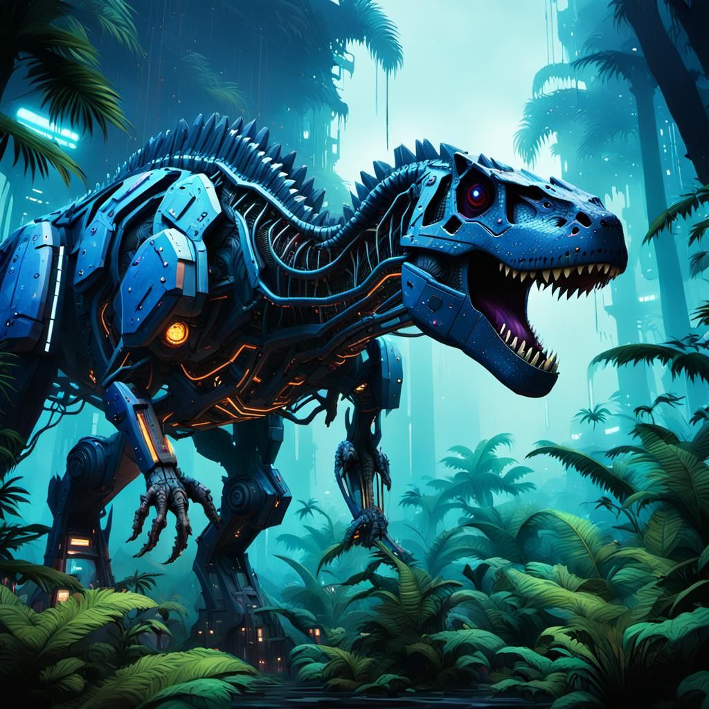 Mechanical T-Rex Stands Tall in Cyberpunk Jungle