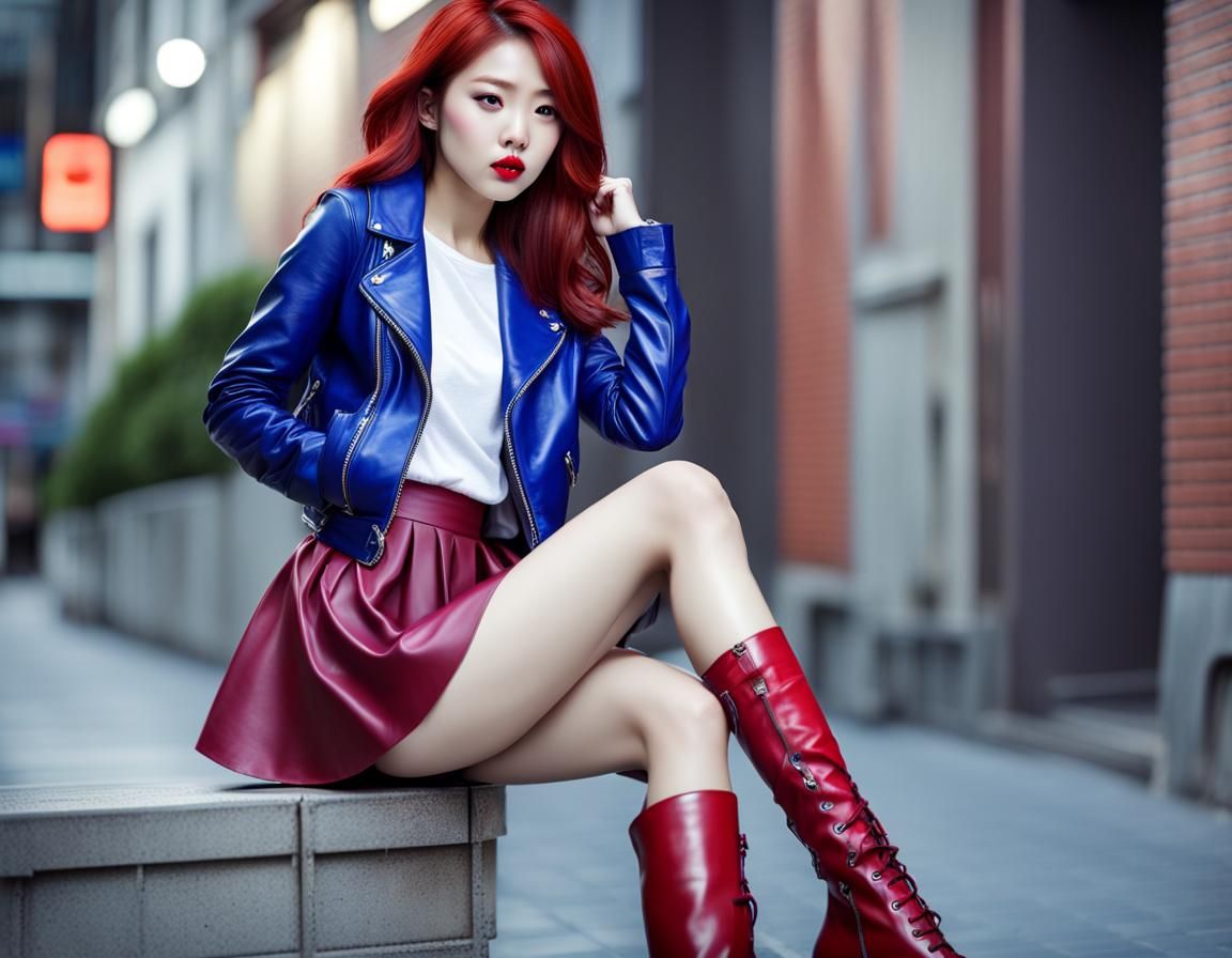 Hyperrealistic Korean Woman in Blue Leather Jacket