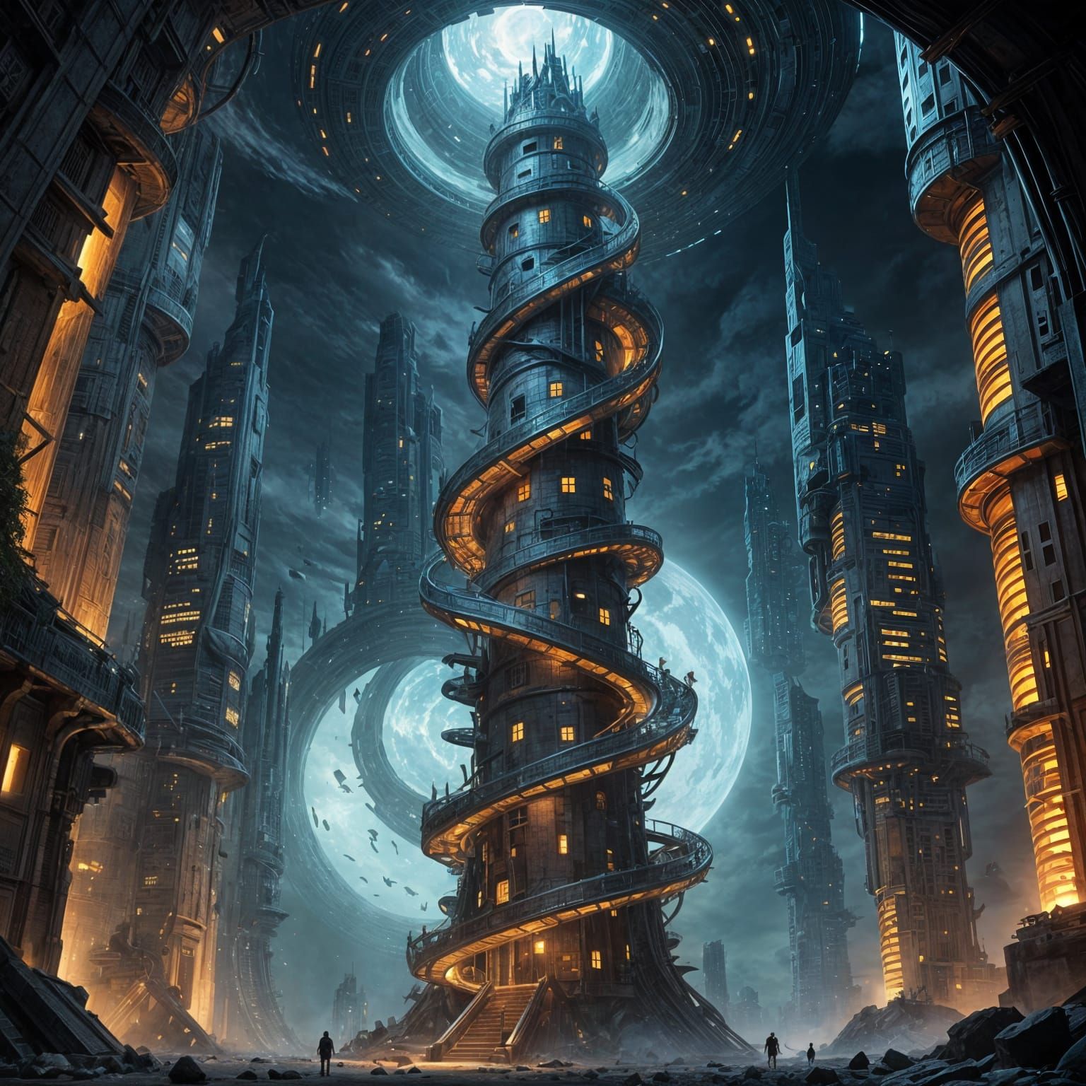 Futuristic Glowing Forms in Hollow Towers