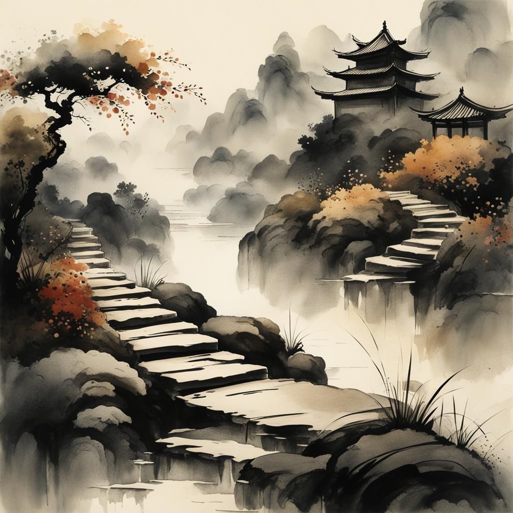 Serene Stone Path in Chinese Ink Painting Style